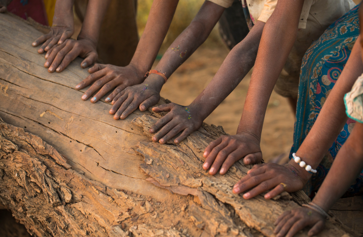 Hands of Indigenous children on a log
